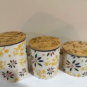 Temptations by Tara - 3 Floral Mini Ceramic Canisters With Bamboo lids
